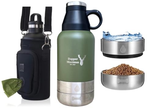 Stainless Steel Outdoor Portable Dog Water Bottle and Insulated Flask with Detachable Bowls, Multifunctional lid and Bottle Bag Holder with Built-in Poo Bag Dispenser - 32oz/910ml