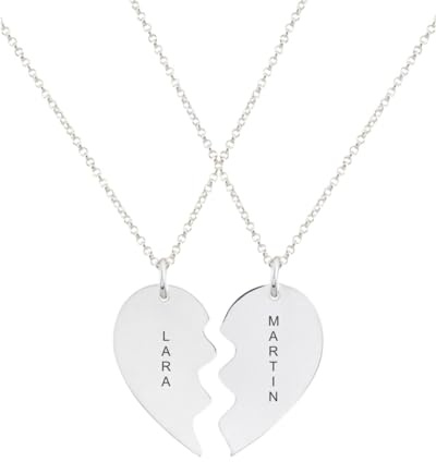 doble aro - Colgante Corazón Personalizado con Nombre para Parejas - Collar para Enamorados - Cadena Rolo 45 cm + Alargador. Corazón Plata, Plata de Ley 925/1000. (Corazon Plata)
