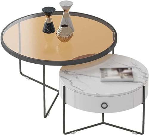 Set mit 2 runden Satztischen aus Stahl, Holz, Glas und Schiefer, platzsparende stapelbare Beistelltische für Wohnzimmer, Schlafzimmer, Heimbüro (Farbe: B, Größe: 80 x 45/