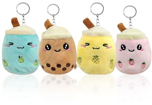 Meanju Lot de 4 Peluches Bubble Tea - Petit Jouet en Peluche avec Porte-clés - Jouet pour Enfants avec Porte-clés - pour Anniversaire d'enfant