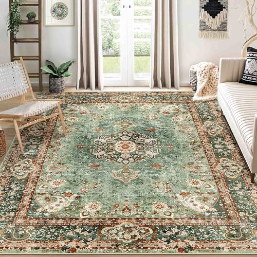 Castage 8x10 Area Rugs Washable,Green Rug for Living Room Bedroom Dining Room,Large Boho Vintage Bohemian Distressed Oriental Carpet Non Slip