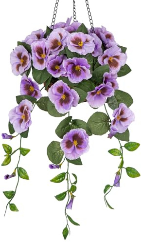Briful Kunstblumen Wie Echt Stiefmütterchen Hängende Pflanzen Künstliche Blumen Pansy mit Hängeampel, Höhe 70 cm, Zimmerpflanze Busch Dekopflanze Grünpflanze