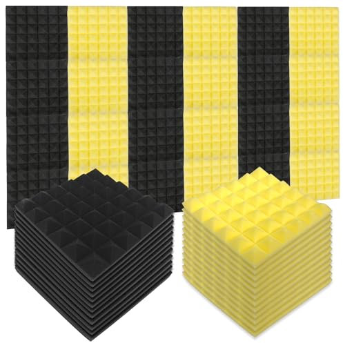 Lot de 24 panneaux acoustiques en mousse - Isolation phonique - Mural - Pyramide - Isolation phonique - Pour studio d'enregistrement, bureau, maison - Noir + jaune, 30 x 30 x 5 cm