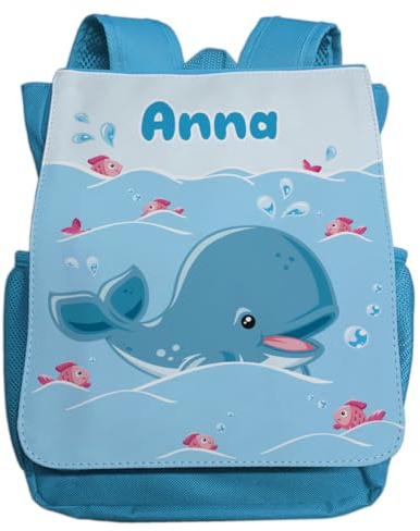 minimutz Mochila de guardería para niño y niña, personalizable con nombre, mochila infantil, diseño de ballena, pequeña mochila para el tiempo libre Kita Kindergarten 2-5 años, azul claro