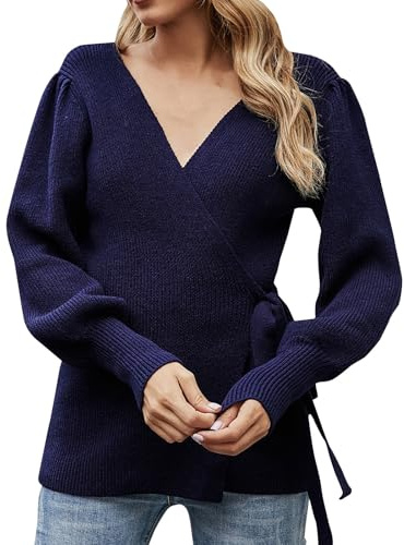 Generisch Strickjacke Damen Wickel Langarm Pullover & Strickjacken Für Damen Zum Binden Strickmantel Damen Elegant V Ausschnitt Strickjacke Frauen Grobstrick Damenstrickjacke Winter Cardigan