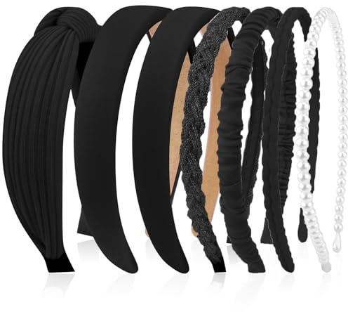 Kotkiddy 7 Stück Haarreifen Set Damen, verschiedene Modelle, Perlen Stirnbänder, Stirnbänd Kunststoff Haarreif Stirnbänder Haarband für Mädchen Damen (Schwarz)