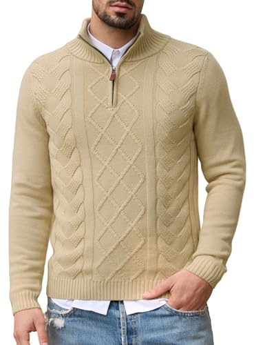 Les umes Pull Homme À Zip Quart en Coton Col Montant À Motifs Câblés Chaud Décontracté À Manches Longues Pulls