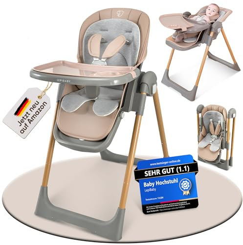 LepiBaby FlexiCo Hochstuhl Baby mit Liegefunktion & Neugeborenenaufsatz, Klappbar & Höhenverstellbar | Kinderstuhl Kinderhochstuhl Babystuhl | Mitwachsend Kind ab Geburt, 1-3 Jahre | Beige