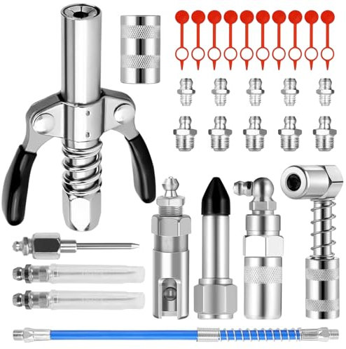 Fettpresse Mundstück,28 Stück Fettpresse Adapter Set,G Coupler für Fettpresse Schmiernippel,mit 30cm Schlauch Fettpresse und Aufsatz Schmierpresse Anschluss Nippel 8 Typen,für alle Arten von Fettpres