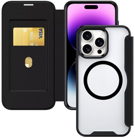 HAONANDE Magnetica Cover Per iPhone 15 PRO MAX, Custodia Pelle PU Flip Compatibile con MagSafe, slot per carte, blocco RFID, Pportafoglio Protettiva Antiurto Trasparente Case Nero