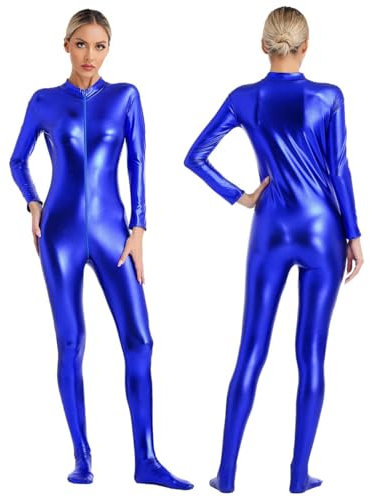 XINLIANYI Damen-Jumpsuit, metallisch, glänzend, langärmelig, Reißverschluss vorne, Ganzkörper-Einteiler, Strumpfhose, Body, Disco, Rave, Party, Poledance, Clubwear, blau, M
