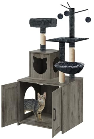Cat Tree with Litter Box, Wood Litter Box Enclosure with Food Station, Modern Cat Tower for Indoor Large Cats with Large Platform,Cat Condo with Scratching Posts, Hammock, Caves, Basket,Grey