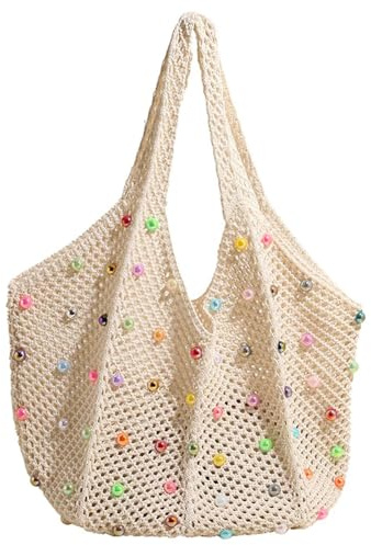 FloralGrace 1 Piece Boho Crochet Beach Tote Shoulder Bag with Colourful Beads, Woven Bag Handbag | Colourful Hippie Crochet Beach Bag for Women