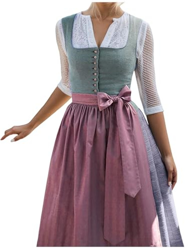 Dirndl Lang Mit Knöpfen-Oktoberfest Damen Outfit Dirndl für Damen Zweiteiler Inkl. Dirndlkleid-Dirndlschürzen. Trachtenkleid Elegant Dirndl-Komplettsets Festliche Kleider Große Größen für Auftritte