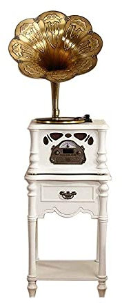 SGKOMN Gramófono Antiguo de Trompeta Grande, clásico, de Madera, con Bluetooth, de Mediados de Siglo, Tocadiscos, Reproductor de CD y Casete, y Radio., White