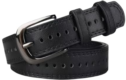 NUREINSS Ceinture pour femme, design à plusieurs trous, pour jeans, jupes et pantalons, 105 cm de longueur et 2,8 cm de large, en cuir synthétique avec fermeture à aiguille en métal, Noir , taille