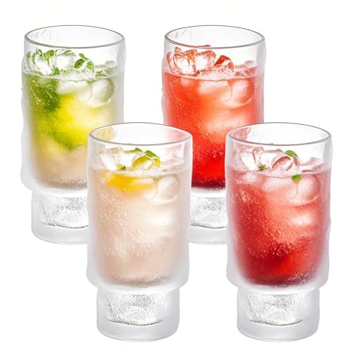 Haayymo 4pcs 16oz Water Drinking Glasses, Ribbed Iced Coffee Cup, Origami Style Glass Tumbler for Beer/Cocktail/Milk/Ice Water/Juice/Coffee (Glacier)