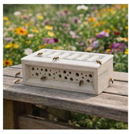 Bienenhotel aus Beton mit Tränke für Wildbienen und Insekten als Nisthilfe - Bienentränke Wetterfest für Garten