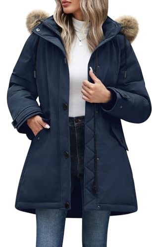 Vancavoo Abrigo Mujer Invierno Chaqueta Parka de Capucha Cálido Largo Jacket de Piel Extraíble Parka para Exteriores,Azul marino,M