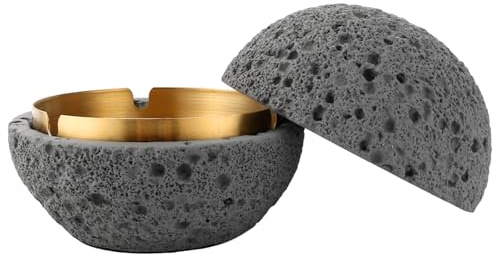SHUESS Aschenbecher mit Deckel aus Beton 12,5cm – Windaschenbecher für Draußen und Balkon, Aschenbecher Outdoor Dunkelgrau, Stilvoller Tischaschenbecher mit Edelstahleinsatz, Geruchsdicht & Wetterfest