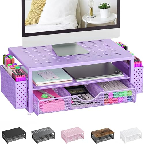 Pygocereri Monitorständer, Schreibtisch Organizer mit Schublade und 2 Stifthaltern, Monitor Erhöhung für Bildschirm und Laptop, ergonomischer Desktop Ständer für Büro Zubehör (Lila)