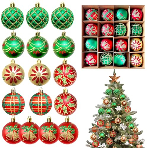 Weihnachtskugeln Kunststoff, 16 Stück, 6cm, Mehrfarbig | Bruchsicher, Mit Aufhänger, Für Innen & Außen