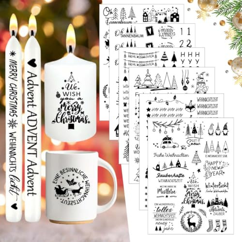 6 PCS Kerzentattoos Weihnachten, Kerzen Tattoo Wasserschiebefolie Aufkleber, Kerzentattoos Advent Sprüche Frohe Weihnachten für Adventskerzen DIY Dekorieren