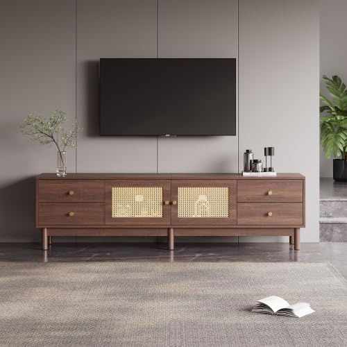 Merax TV Schrank 180 cm mit Rattan-Türen, Lowboard für 80-Zoll Fernseher, Kabelmanagement, Sanfte Scharniere & Geräumige Schubladen – Modernes TV Board für Wohnzimmer