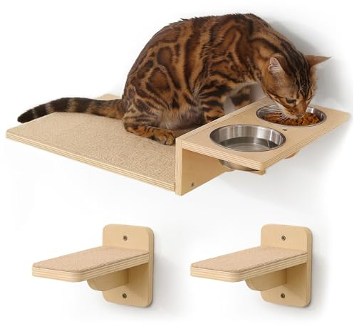 FUKUMARU Väggmonterade Katt-hyllor 3 i 1 – Matstation, 2 Steg och Massiv Trähylla, Platsbesparande, Säker, Hållbar, Perfekt för Lek, Vila och Kattvård.