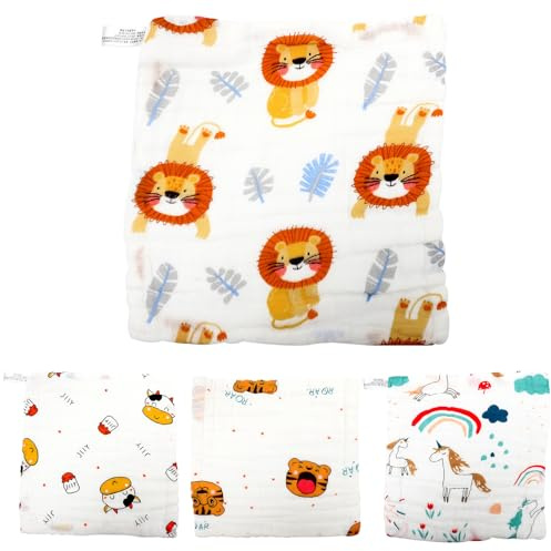 Gogogmee Lot De 4 Lingettes En Pur Pour Bébé Serviettes De Bain Absorbantes Motifs Lion Et Licorne Tissus Doux Pour Essuyer Salive Et Nettoyer Bébé
