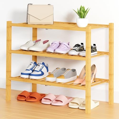 smiry Schuhregal mit 3 Ebenen, Platzsparende Schuhablage, Stapelbar Schuhorganizer, Bambus Regal für Eingangsbereich Flur, Wohnzimmer, Natur