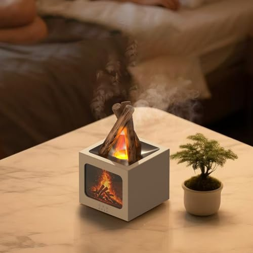 Helilyco Accogliente Umidificatore Camino da Tavolo con Simulato per Effetto Fiamma, Diffusore Aroma Alimentato tramite USB, LED a 7 Colori per Illuminazione, 135x135x229mm Bianco