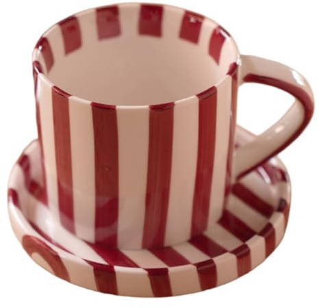Monetais Tasse à café en céramique, tasses à café Vintage rayures rouges de 200 ml avec poignée et soucoupe pour les tasses d'eau de boissons thé bureau domicile