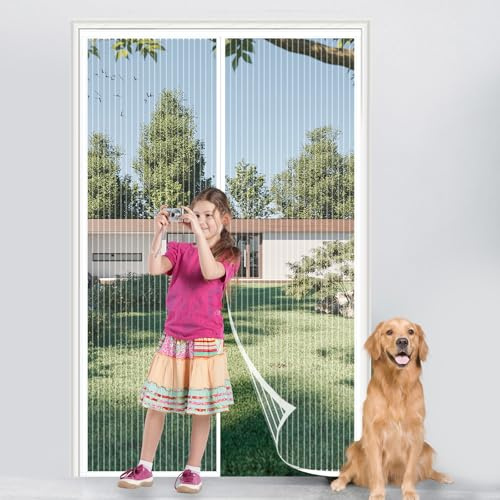 Magnetic Screen Door, Fly Insect Screen Door Screen Mesh Curtain with Powerful Magnets and Full Frame Hook&Loop, Easy to Install, Insect Protection Door No Gap (White, 90x210cm)