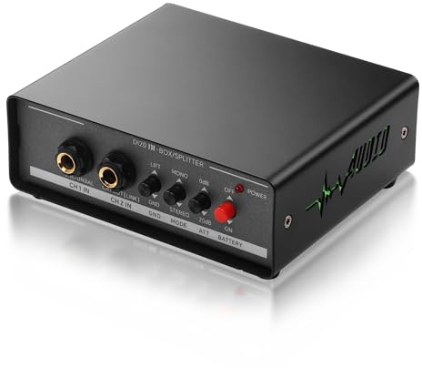 SinLoon Active Stereo DI Box, 18650 Battery & 48V Phantom Dual Power DI Box | 6.35mm TRS/TS to XLR Splitter with -20dB Pad, No Tone Suck for Passive Guitar, Ideal for DJ & Outdoor Live Show