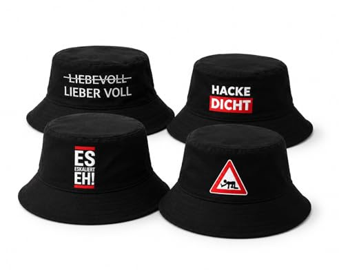 KAMACA 4er Set Fischerhut Partyhut mit Spruch – Bucket Hat Schwarz – Lustige Partyhüte für Festival, Urlaub, JGA, Strand & Sommerparty – Einheitsgröße Unisex
