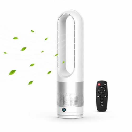 XOQUAI Ventilador de Torre Sin Aspas,Ventilador Silencioso,Pantalla LED y Mando, 8 Niveles de Velocidad, Función Temporizador, Oscilación de 80°, para Dormitorio, Salón y Oficina 14 * 56 CM (Plata)