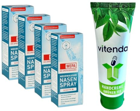 vitenda Set: Meerwasser Nasenspray sensitiv mit WEPA, befeuchtend bei trockener Nase mit Dexpanthenol & Hyaluron, 4x20ml – inkl. vitenda Handcreme