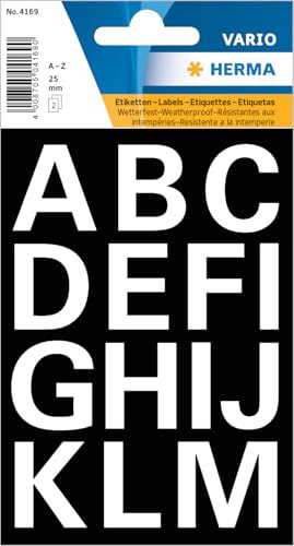 HERMA Buchstaben Aufkleber Weiß, 30 Stück, Schriftgröße 25 mm, selbstklebend, wasserfest, wetterfest, groß, Alphabet Sticker Klebebuchstaben A-Z aus Folie zum Aufkleben, transparent