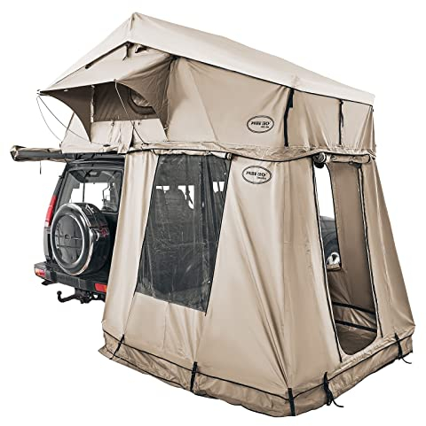Prime Tech | Extended XL Vorzelt mit Autodachzelt | Softshell-Dachzelt mit Teleskopleiter & Matratze | Inkl. Vorzelt mit Bodenplane | 240x175 cm Liegefläche | Komfort für Camping | Beige
