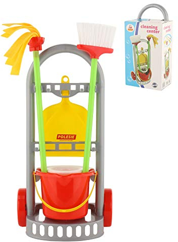 Polesie Putztrolley - Kinder-Putzwagen mit Zubehör, Besen, Wischer, Kehrblech und Eimer I Rollenspielset für kleine Helfer I Robuster Kunststoff I Ab 3 Jahren, 22 x 14,5 x 47,5 cm