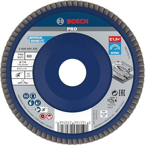 Bosch PRO X571 Fächerschleifscheibe, gerade, 115 mm, K40 | für Stahl, Edelstahl, Körnung 60, Professional Zubehör Kleiner Winkelschleifer