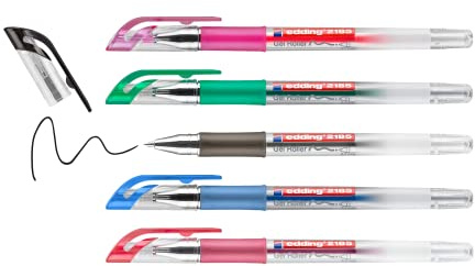 edding 2185 roller gel - negro, rojo, azul, verde, rosa - juego de 5 - 0,7 mm - bolígrafo de gel para escribir, colorear o decorar bullet journals - rotulador de gel para mandalas