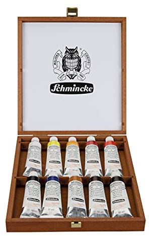 Schmincke - MUSSINI® colori ad olio e resina sopraffini, set 10 x 35 ml, 70 010 097, cassetta di legno tinta noce, colori ad olio e resina basati su ricette di vecchi maestri