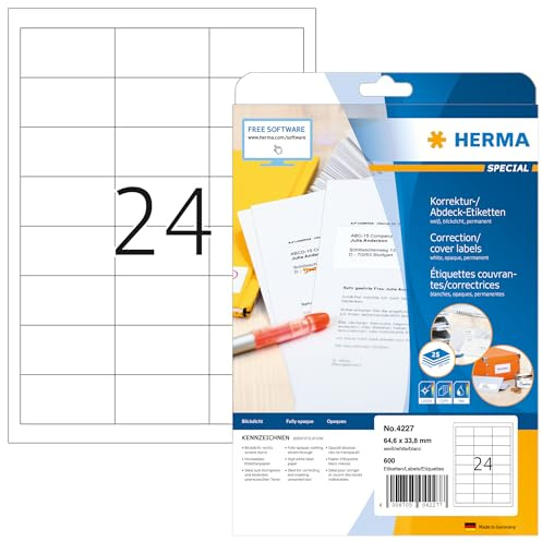 HERMA 4227 Korrekturetiketten blickdicht, 25 Blatt, 64,6 x 33,8 mm, 24 pro A4 Bogen, 600 Stück, selbstklebend, bedruckbar, matt, blanko Papier Abdeckaufkleber Etiketten, weiß