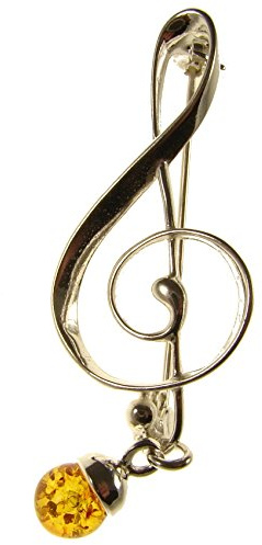 Baltic amber and sterling silver 925 cognac music clef brooch pin