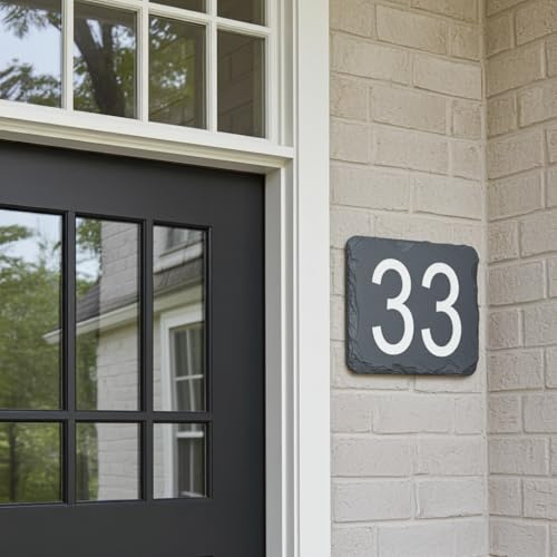 Personalised Slate House Number Plaque 15cm x 15cm – Engraved Modern | Slate door number sign for front doors, gates and outdoor walls.