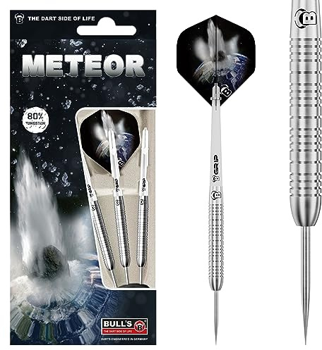 Meteor Steel Dart aus 80 % Tungsten. Dartset aus 3 Dartpfeilen, entwickelt mit über 10 Varianten, unterschiedlich gefräste Barrelvarianten ermöglichen individuell ausgeprägte Grip-Level