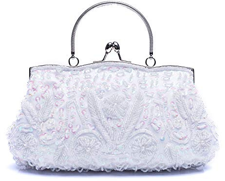 VENI MASEE Damen Handgemachte Perle Handtasche, Abendtasche Damen Clutch Für Party (White)