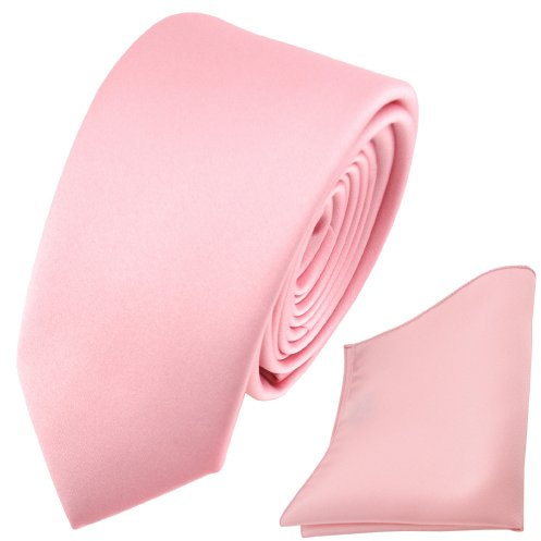 TigerTie - schmale Satin Krawatte + Einstecktuch in einfarbig Uni - Schlips Binder